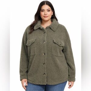 NWT Thread & Supply Shirt Jacket Womens 1X Olive Green Sherpa Button Front